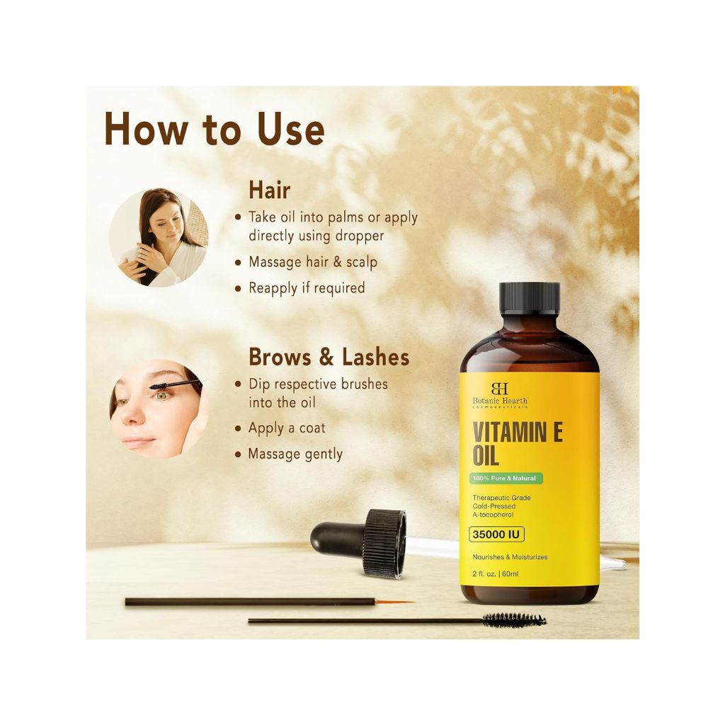 Botanic Hearth Vitamin E Oil | 100% Pure And Natural Oil For Growth Of Nails, Hair, Eyebrows & Eyelashes | 35,000 Iu | Hair & Body Oil With Eyebrow & Eyelash Brush|