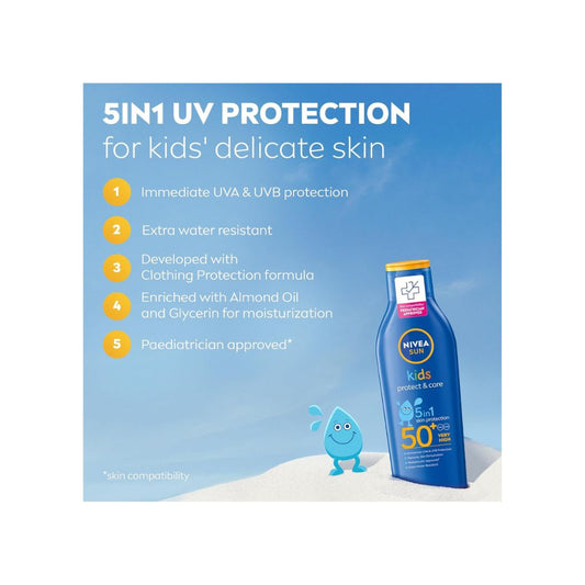 NIVEA SUN Kids Sunscreen Lotion, Protect & Care, SPF 50+, 5in1 Skin Protection, Very High and Immediate UVA & UVB Protection, Extra Water Resistant, 200ml