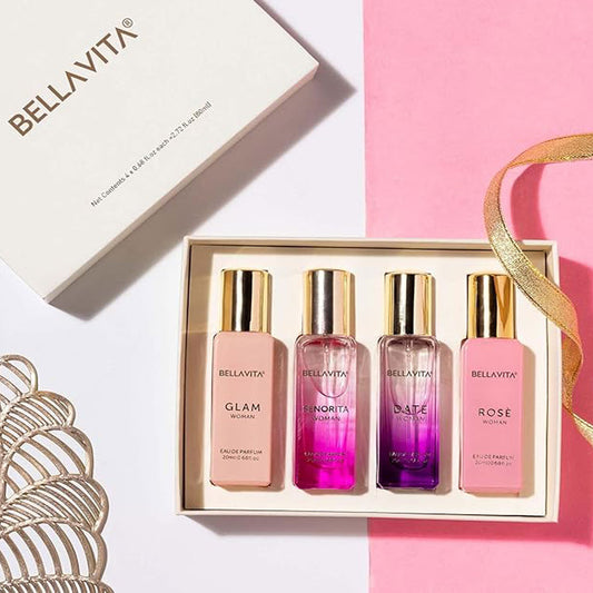 BellaVita Luxury Perfume Gift Set for Women | Includes DATE, Senorita, GLAM, ROSE Perfumes | Floral, Fruity & Savoury Long Lasting Scents | Gift Set for Women | Special Womens Collection (4x20ml)