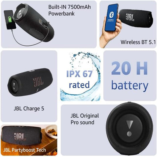 bl Charge 5 - Portable Bluetooth Speaker With Deep Bass, Ip67 Waterproof And Dustproof, 20 Hours Of Playtime, Built-In Powerbank, In Black