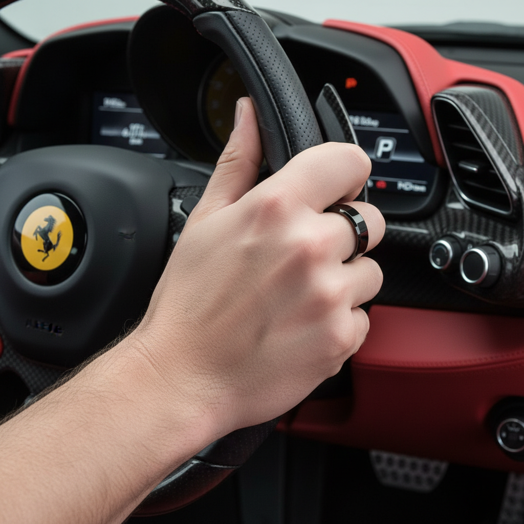 Man wearing black ring in Ferrari