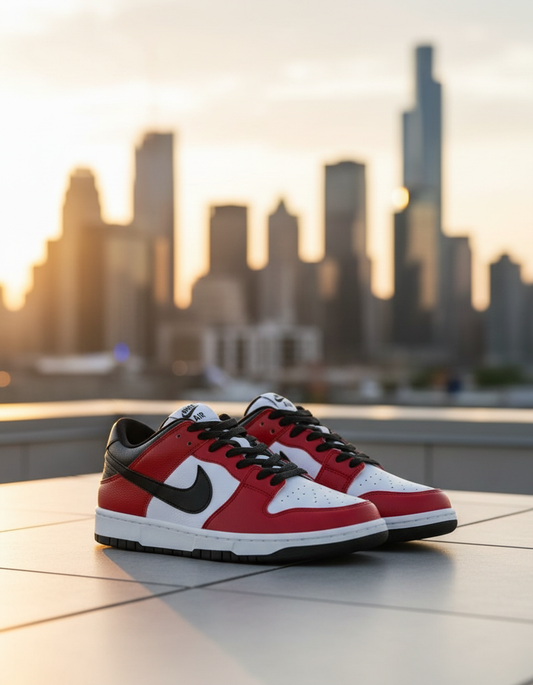 Nike Air sneakers on rooftop with city views