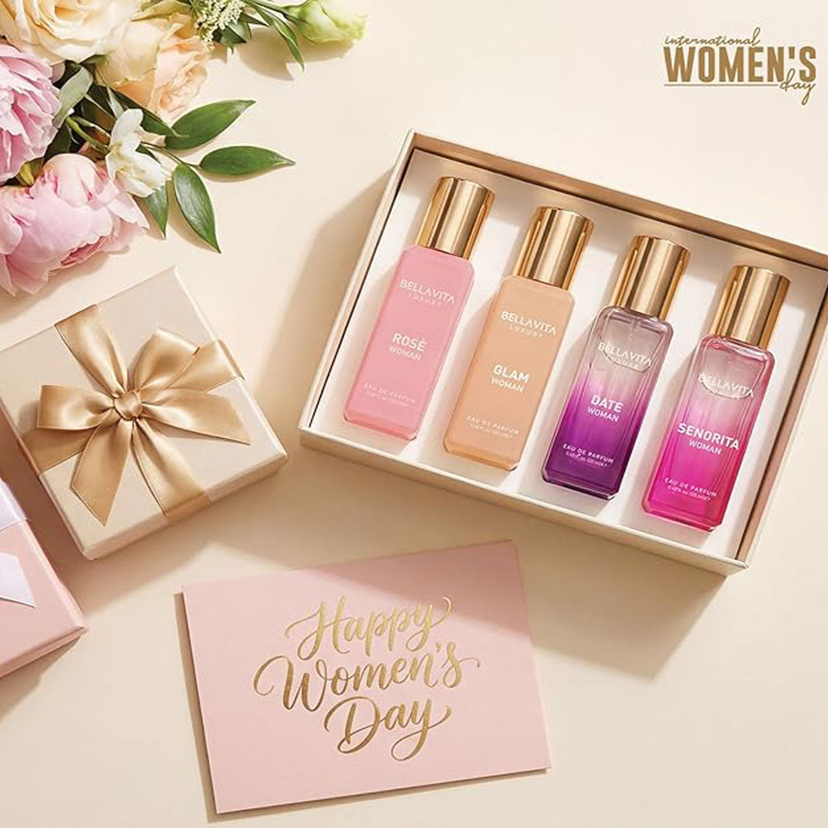 BellaVita Luxury Perfume Gift Set for Women | Includes DATE, Senorita, GLAM, ROSE Perfumes | Floral, Fruity & Savoury Long Lasting Scents | Gift Set for Women | Special Womens Collection (4x20ml)